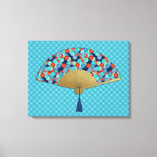 Deco Fan – 花inコバルト、ターコイズ、赤 キャンバスプリント (正面)