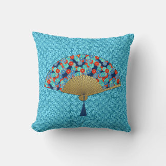 Deco Fan – 花inコバルト、ターコイズ、赤 クッション