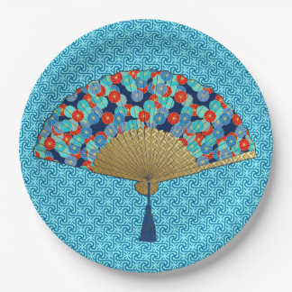 Deco Fan – 花inコバルト、ターコイズ、赤 ペーパープレート