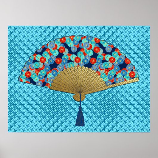 Deco Fan – 花inコバルト、ターコイズ、赤 ポスター (正面)