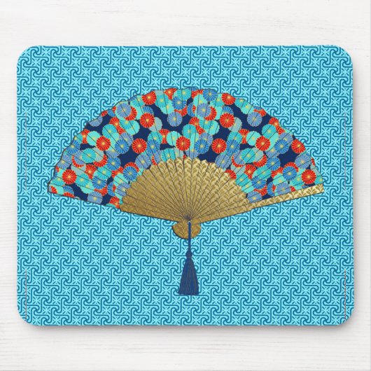 Deco Fan – 花inコバルト、ターコイズ、赤 マウスパッド (正面)