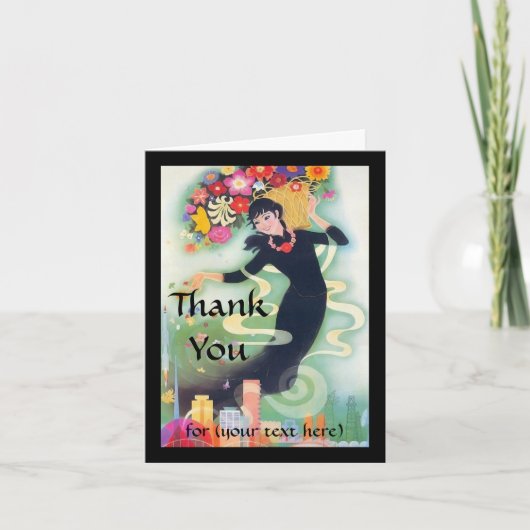 Deco Woman with Swirls & Flowers Thank カスタム You サンキューカード (正面)