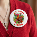 DeColores Cursillo Rooster Monstera Leaves Flowers 缶バッジ<br><div class="desc">Celebrate the joyful message of DeColores with this richly detailed Cursillo rooster button pin . Featuring a bold, colorful rooster framed by flourishing leaves and flowers, this artwork represents spiritual awakening, renewal, and the beauty of Christian fellowship. Rooted in the traditions of the Cursillo Movement, the rooster serves as a...</div>