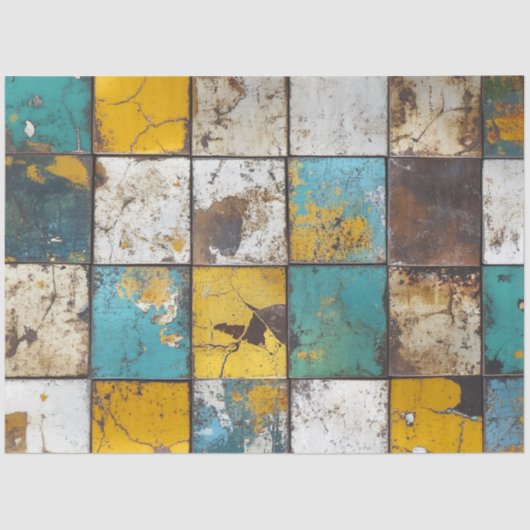 Decompageパッチワークブルーブラウン黄色の背景 薄葉紙 (正面)