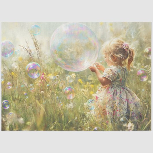 Decompage Lil Girl Chasing Bubbles Field a Flowers 薄葉紙 (正面)