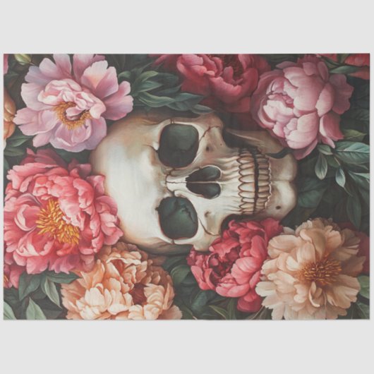 Decopage芸術的描写スカル顔（牡丹） 薄葉紙 (正面)