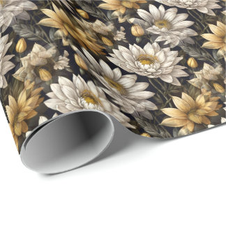 décor fleurs sur fond noir ラッピングペーパー