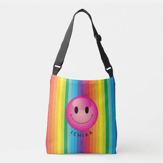 Decora Kei Rainbow Striped Smiling Emoji Face クロスボディバッグ (正面)