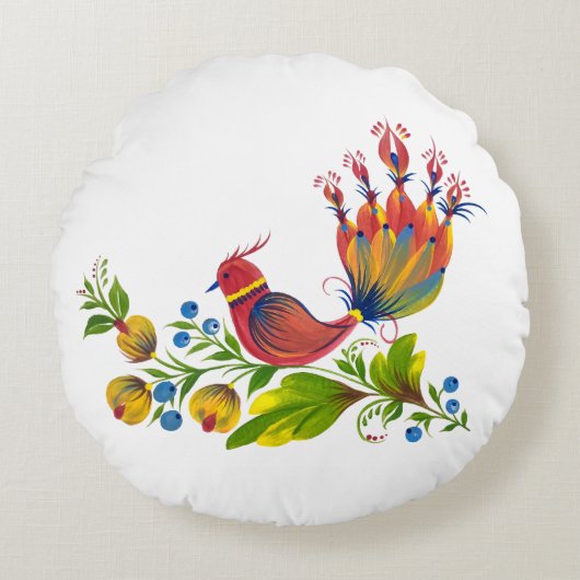 Decorative Bird with Flowers & Berries ラウンドクッション (正面)
