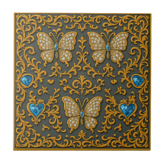 Decorative Butterfly Design in Gold and Blue  タイル