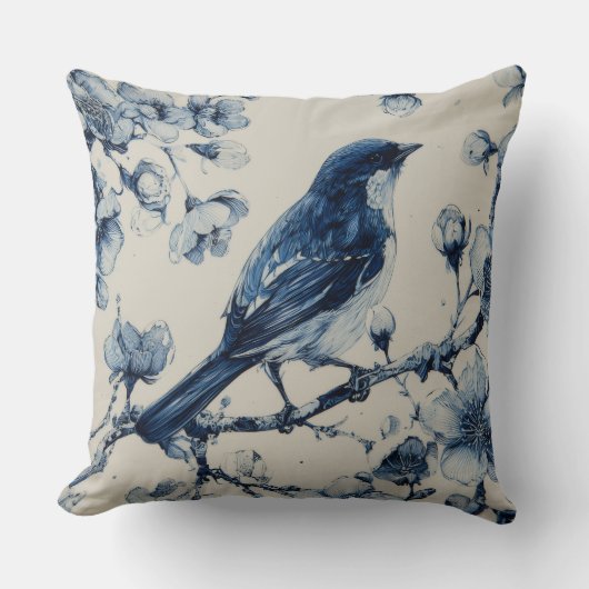 Decorative Chinoiserie Bird Flowers Throw Pillow クッション (正面)