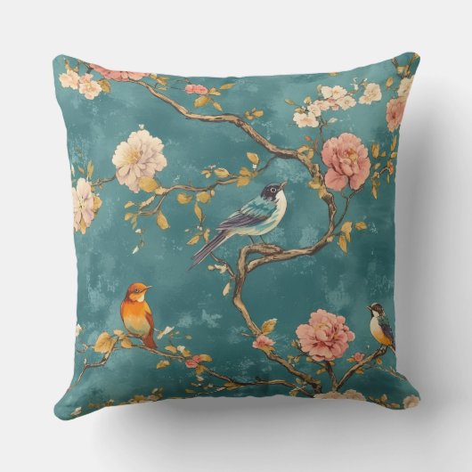 Decorative Chinoiserie Bird Pattern Throw Pillow クッション (裏面)