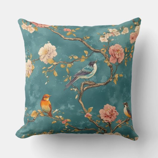 Decorative Chinoiserie Bird Pattern Throw Pillow クッション (正面)