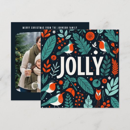 Decorative Christmas holly berries and robins シーズンカード (正面/裏面)