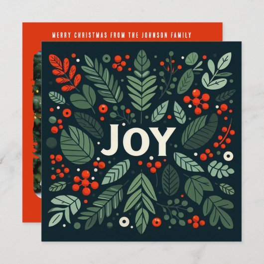 Decorative Christmas JOY holly berries シーズンカード (正面/裏面)