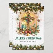 Decorative Cross with Gold and Greenery, Christmas シーズンカード (正面/裏面)