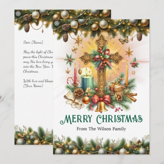 Decorative Cross with Gold and Greenery, Christmas シーズンカード (正面/裏面)