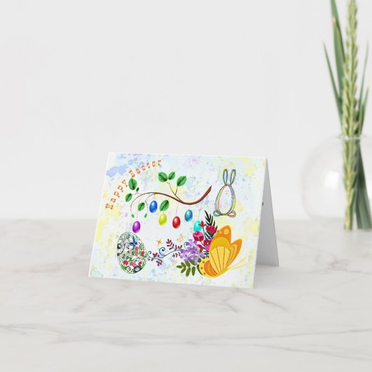Decorative Eggs Easter Bunny Floral Butterfly Cute シーズンカード (正面)