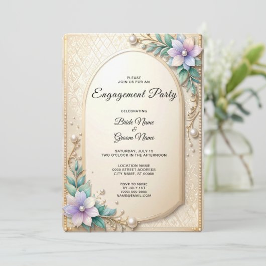 Decorative Floral Frame with Pearls Engagement 招待状 (スタンド正面)