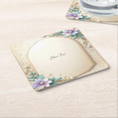 Decorative Floral Frame with Pearls Paper Coaster スクエアペーパーコースター (アングル)