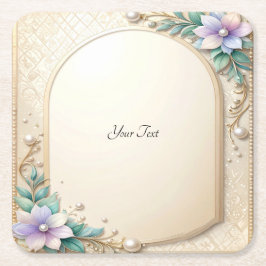 Decorative Floral Frame with Pearls Paper Coaster スクエアペーパーコースター