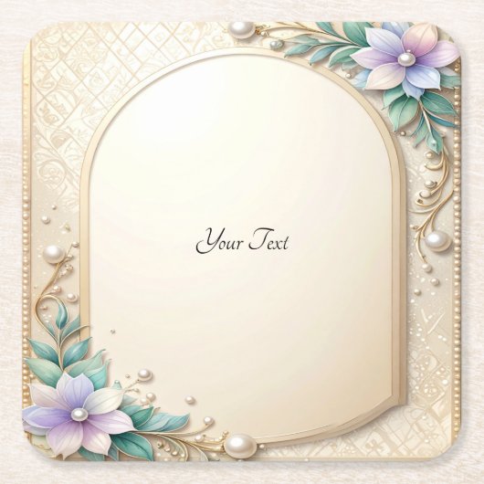 Decorative Floral Frame with Pearls Paper Coaster スクエアペーパーコースター (正面)