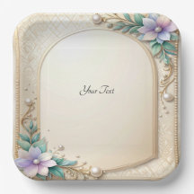 Decorative Floral Frame with Pearls Paper Plate
