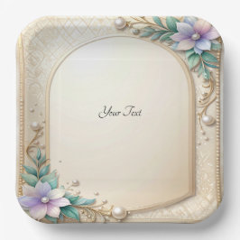 Decorative Floral Frame with Pearls Paper Plate ペーパープレート