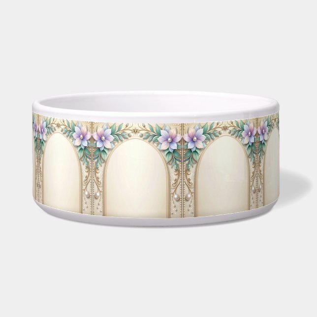 Decorative Floral Frame with Pearls Pet Bowl ボウル (左)