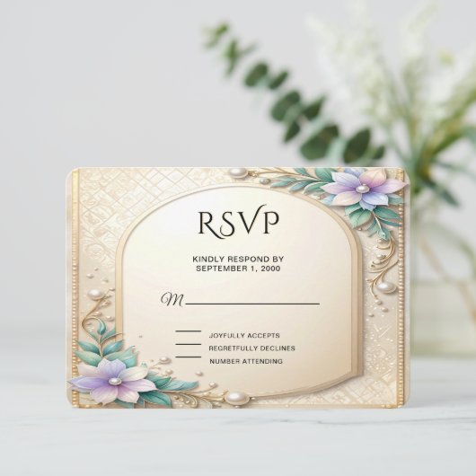 Decorative Floral Frame with Pearls RSVP Card (スタンド正面)