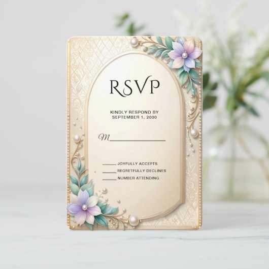 Decorative Floral Frame with Pearls RSVP Card (スタンド正面)