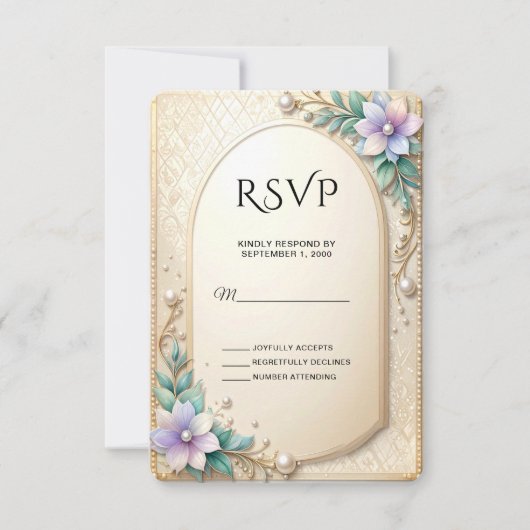Decorative Floral Frame with Pearls RSVP Card (正面)