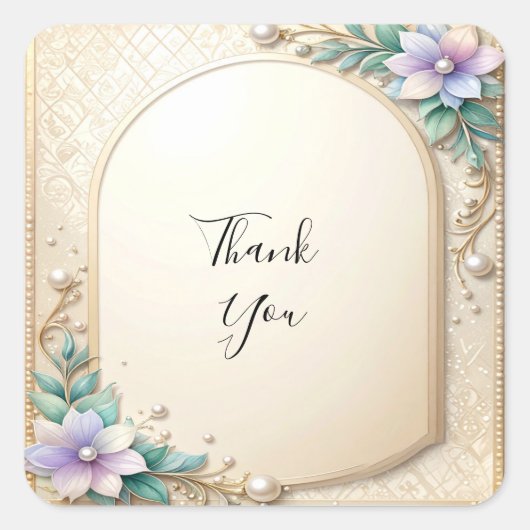 Decorative Floral Frame with Pearls Sticker スクエアシール (正面)