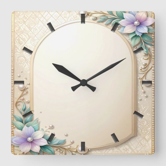 Decorative Floral Frame with Pearls Wall Clock スクエア壁時計 (正面)