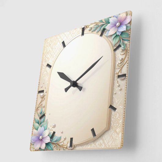 Decorative Floral Frame with Pearls Wall Clock スクエア壁時計 (傾斜)