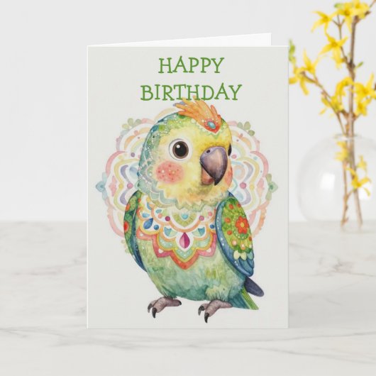 Decorative Folk‑Art Parrot Illustration  カード (黄色い花)