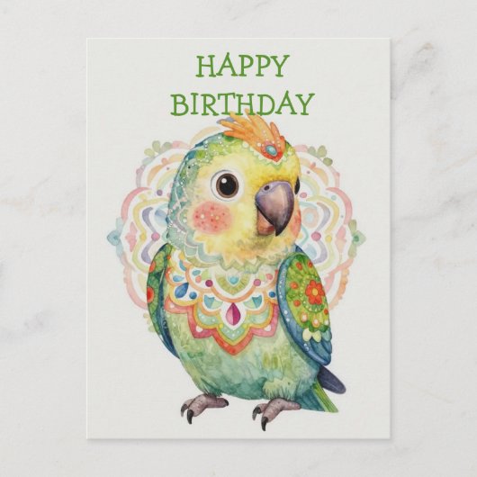 Decorative Folk‑Art Parrot Illustration  ポストカード (正面)