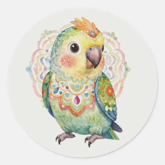 Decorative Folk‑Art Parrot Illustration  ラウンドシール (正面)