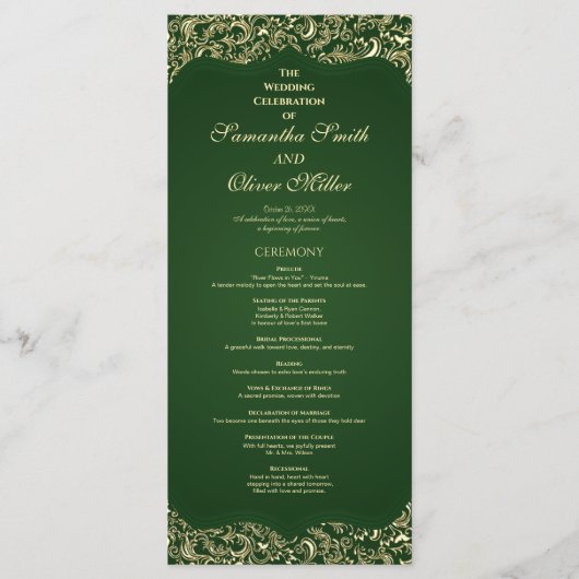 Decorative Green And Gold Wedding Program プログラム (正面)