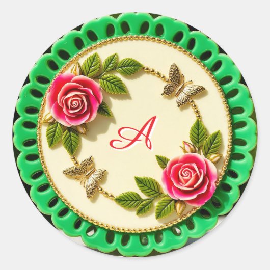 Decorative Green Rim Plate With Pink Rose ラウンドシール (正面)
