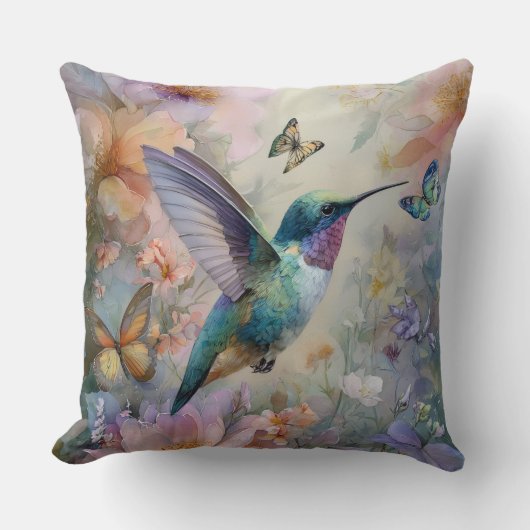 Decorative Humming Bird Flowers Throw Pillow クッション (正面)