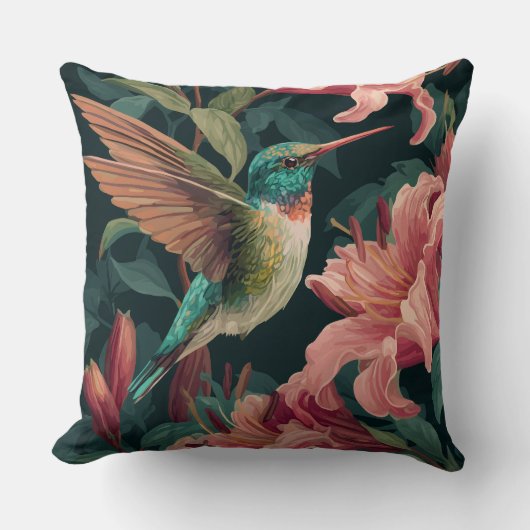 Decorative Humming Bird Flowers Throw Pillow クッション (正面)