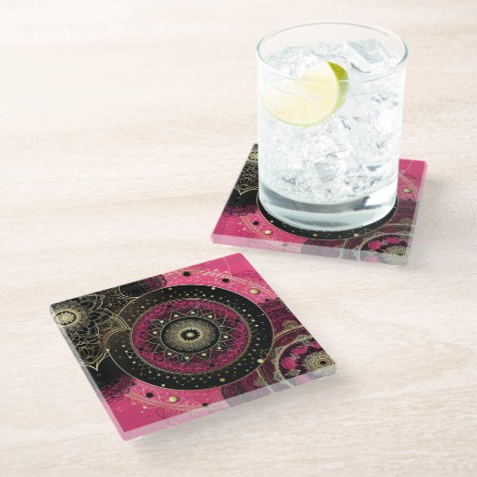 Decorative Mandala Pink and Black  ガラスコースター (アングル)