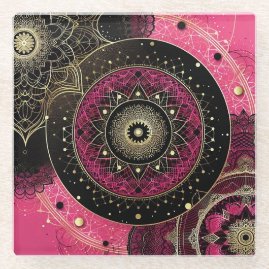 Decorative Mandala Pink and Black  ガラスコースター (正面)