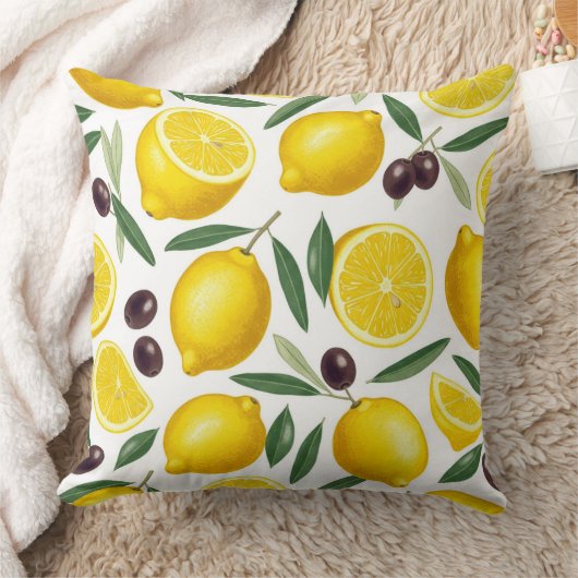 Decorative Mediterranean Lemon and Olive Pattern  クッション (ブランケット)