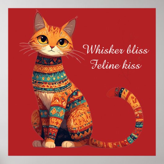 Decorative Ornamental Cat with Flowers Boho Art ポスター (正面)