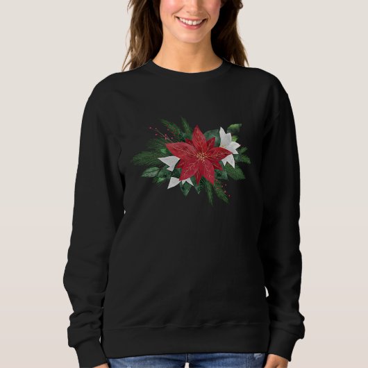 Decorative Poinsettia Traditional Red Christmas Fl スウェットシャツ (正面)