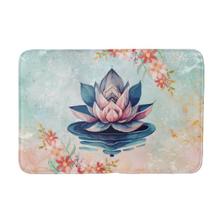 Decorative Purity – Pink & Green Lotus Artwork バスマット