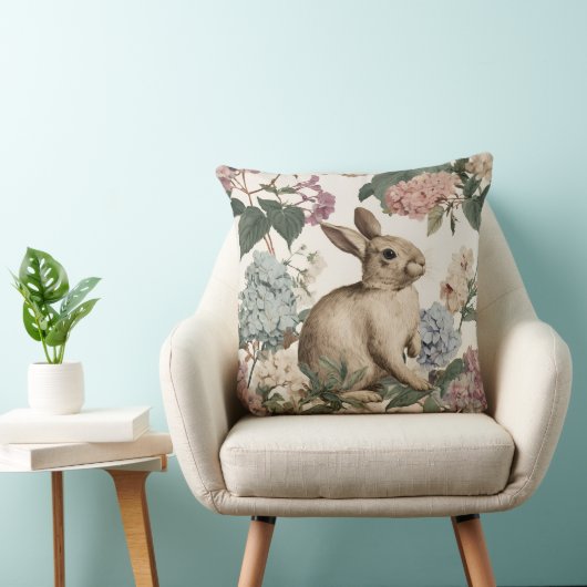 Decorative Rabbit Hydrangea Flowers Throw Pillow クッション (椅子)