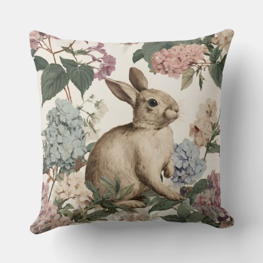 Decorative Rabbit Hydrangea Flowers Throw Pillow クッション (裏面)